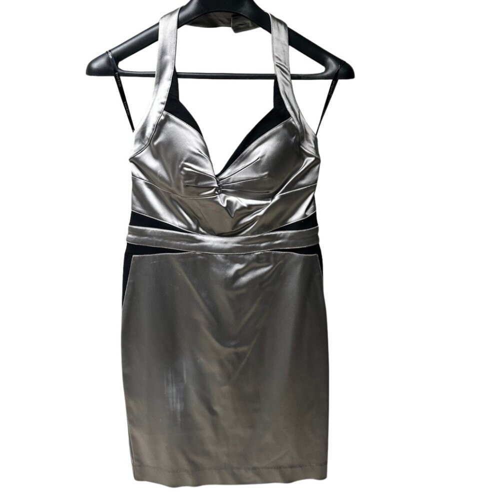 Women's Dress, Satin Silver Gray Halter Dress, Bebe Size M